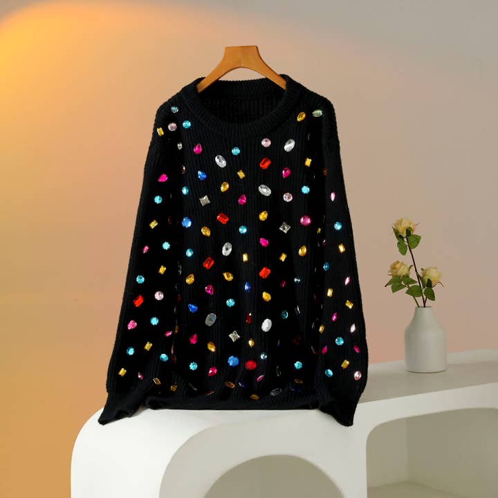 PEACH ACCESSORIES - Wholesale Knit Sweater - Women's - Knit Jumper with Multicolored Gem Stones SK1621
