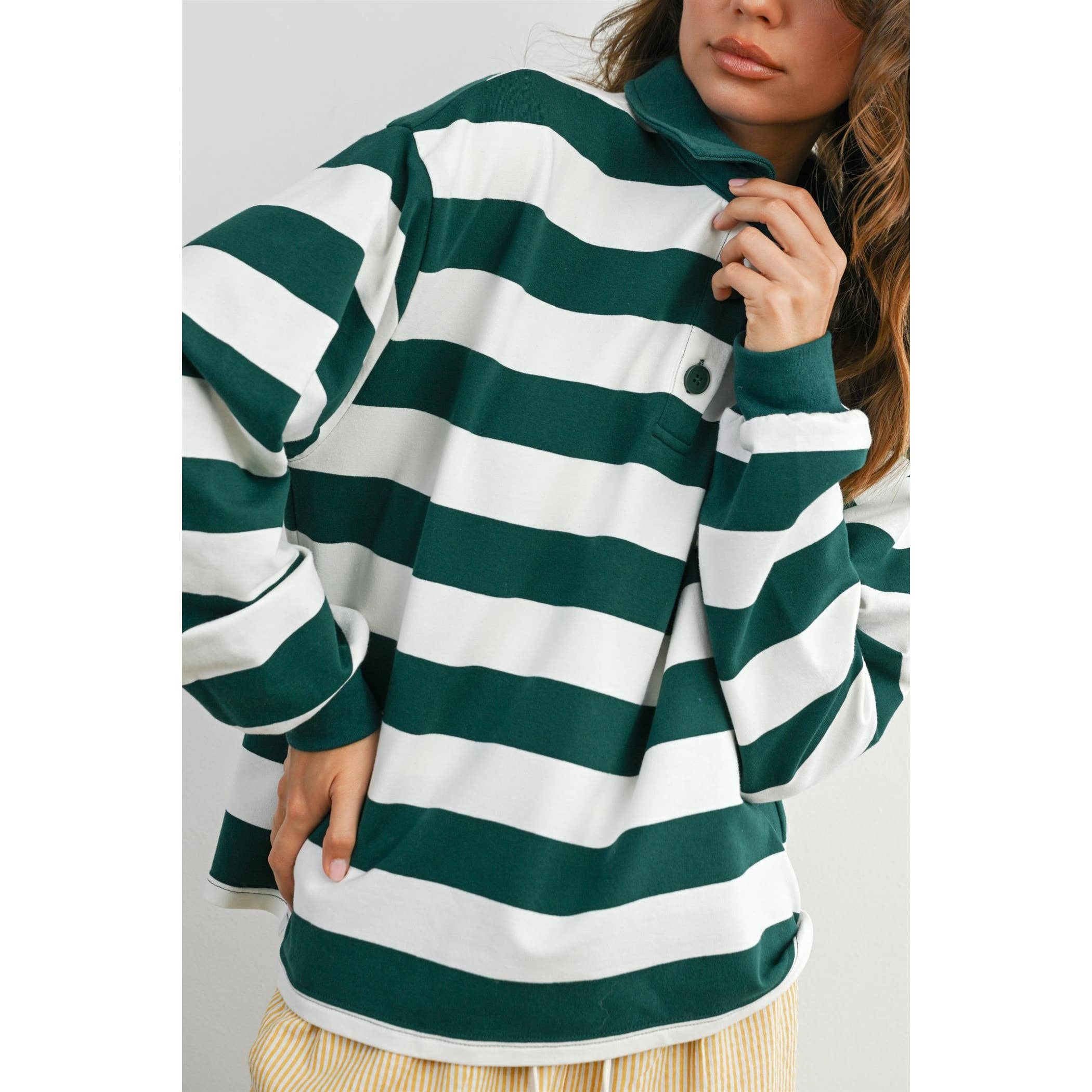 BUTTERMELON - Wholesale Sweatshirt - Women's - Striped Quarter-Buttoned Collared Sweatshirt - BMT807918