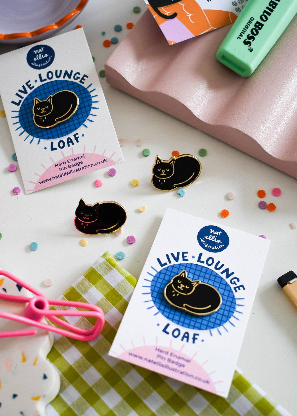 Nat Ellis Illustration - Wholesale Lapel Pin/Button - Live, Lounge, Loaf Cat - Luxury Enamel Pin3