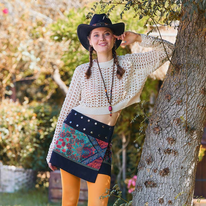 Snap Closure Patchwork Wrap Black Mini Skirt for wholesale by Los Banditos