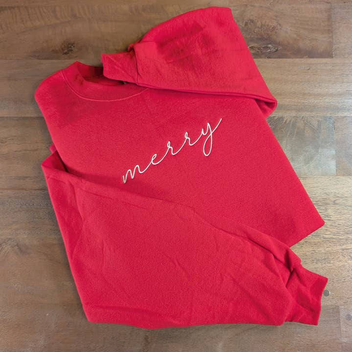 Bright Cheery Merry Christmas Embroidered Holiday Sweatshirt for wholesale by Penelope Annen Design