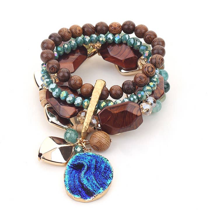 Multi Layered Bracelet with Natural Wood Charms BAN017 for wholesale by PEACH ACCESSORIES
