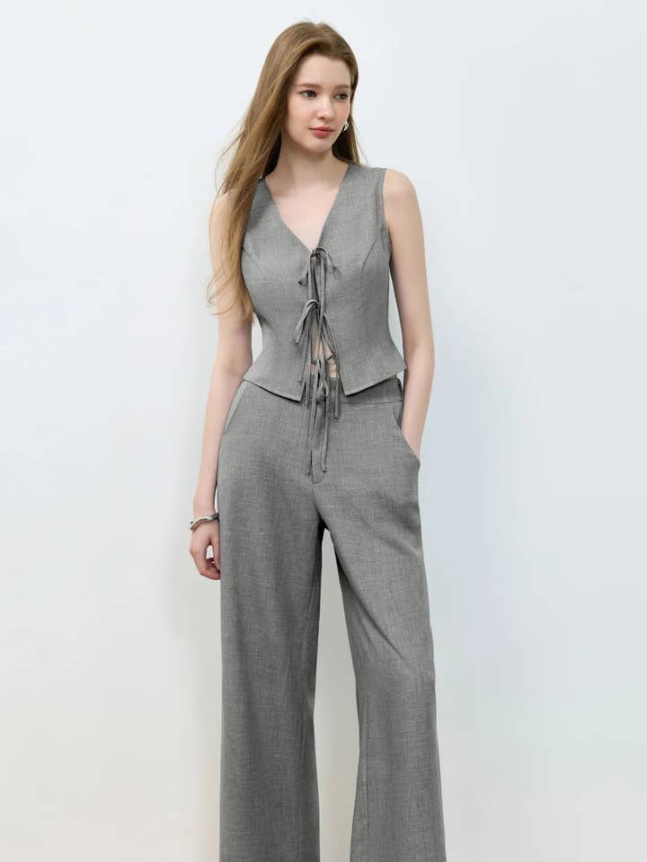 Tie Front Vest and Wide Leg Pants Set for wholesale by Beyond Apparel