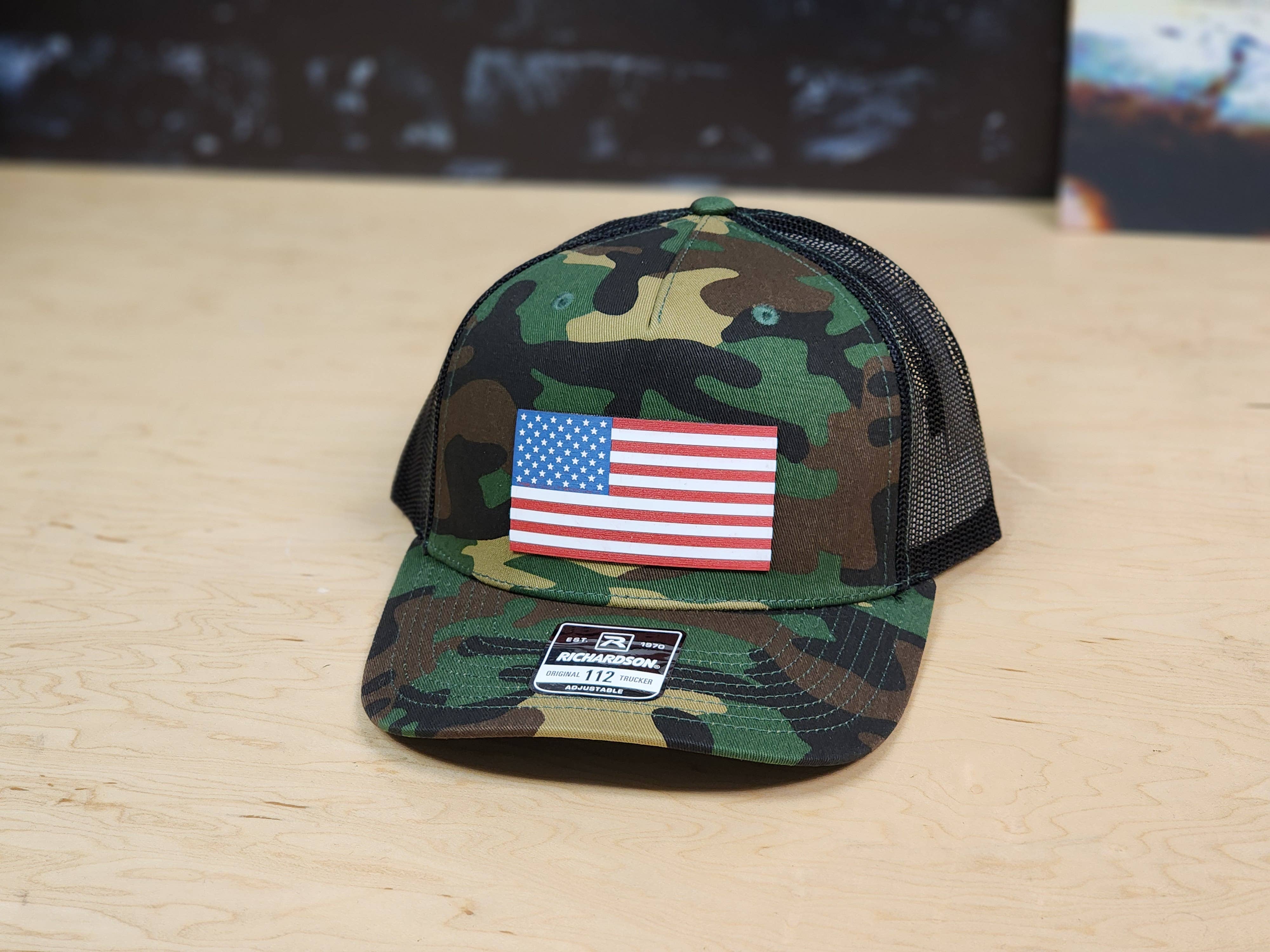 Knot Creatives - Wholesale Trucker Hat - Unisex - Camouflage Trucker Cap with American Flag Patch0