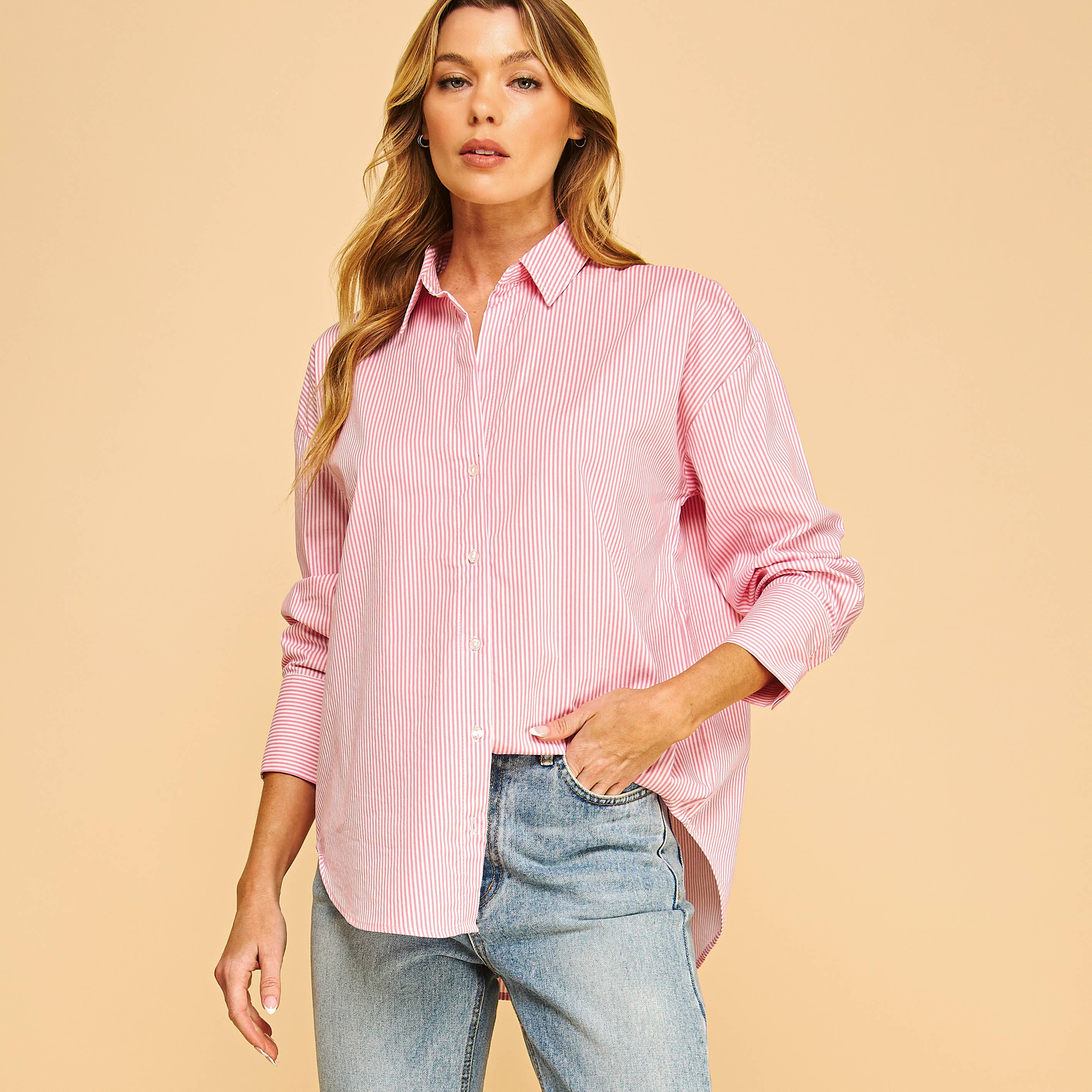 khaki PRINTED STRIPE POPLIN BUTTON DOWN SHIRT-F75687-1 for wholesale on Faire5