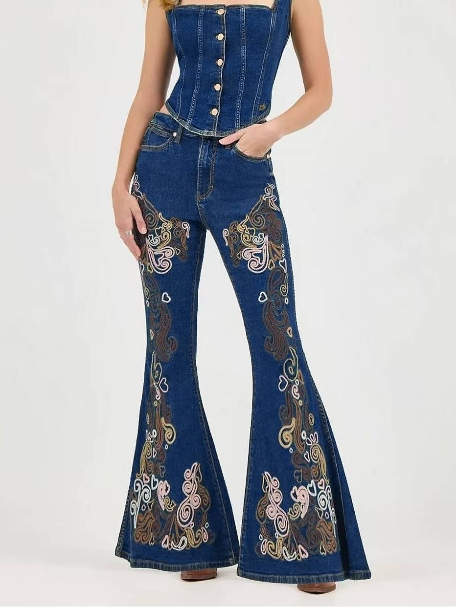 Blue Wild Western Floral Vine Embroidered flare jeans for wholesale on Faire0
