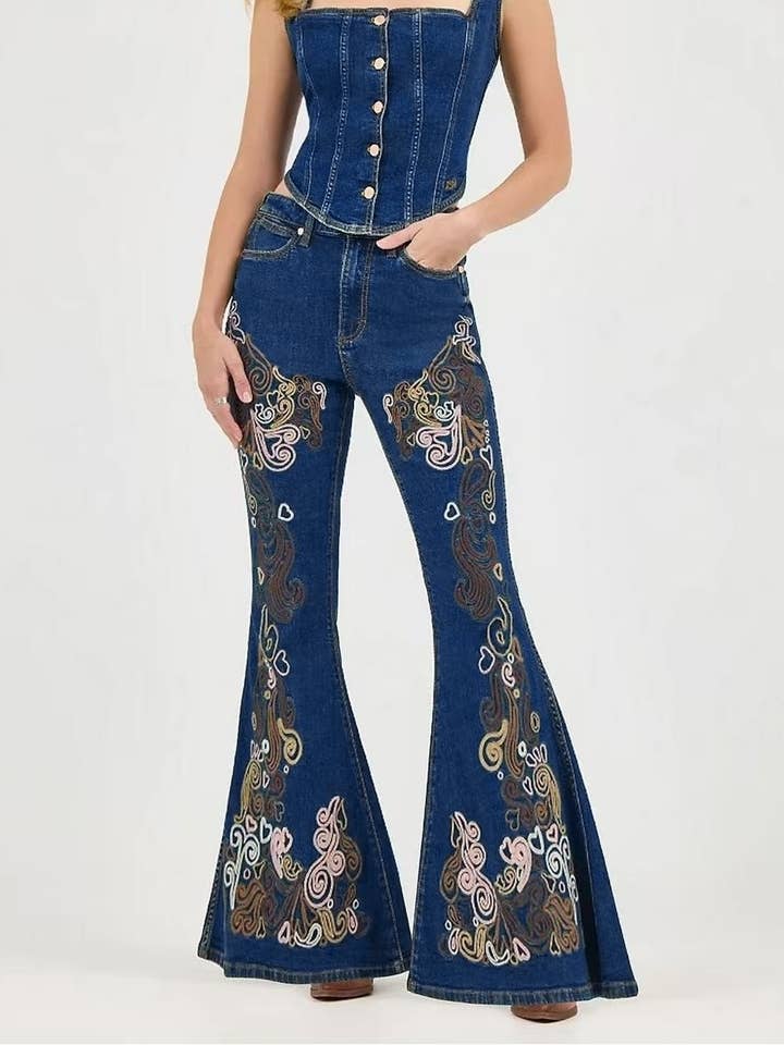 Blue Wild Western Floral Vine Embroidered flare jeans for wholesale on Faire