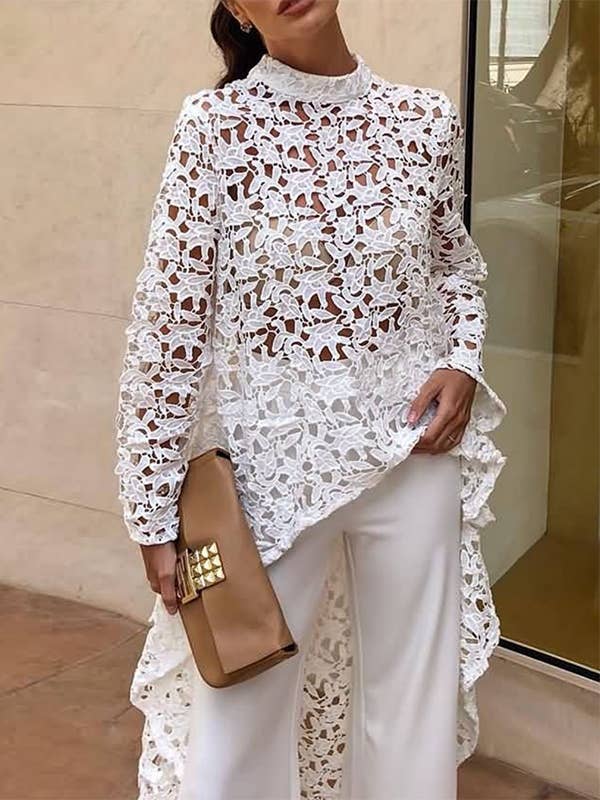 High-Low Long Sleeves Hollow See-Through Solid Color Stand Collar Blouses&Shirts Tops for wholesale by VividLux