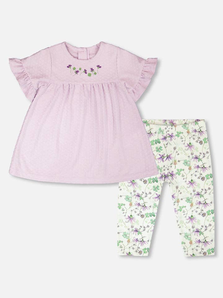 Jersey-Tunika und Baumwoll-Capri-Set mit bedruckten Blumen in Lavendel und Grün. für den Großhandel von Deux par Deux