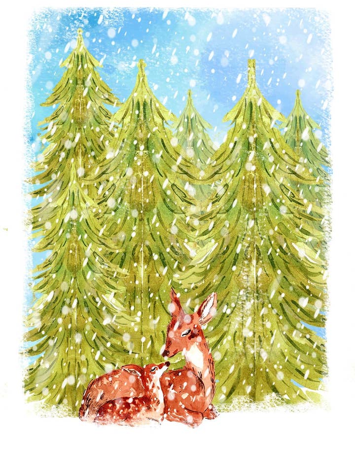 Julkort med hjortfamilj | Hjärtvärmande festlig design | Illustration av Maria Zvaric för wholesale av Maria Zvaric Illustration