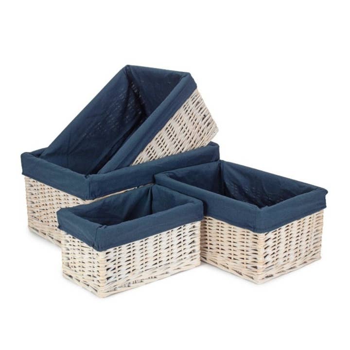 Wit Gewassen Donkerblauw Gevoerd Open Opbergmandje voor wholesale door Red Hamper