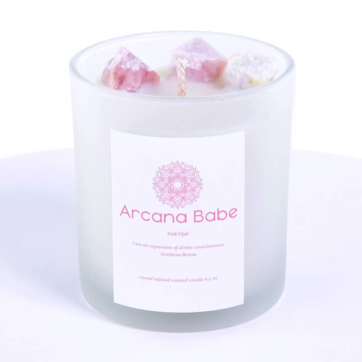 Arcana Babe Pink Opal Infused Candle- Strelizia Breeze for wholesale by Arcana Babe
