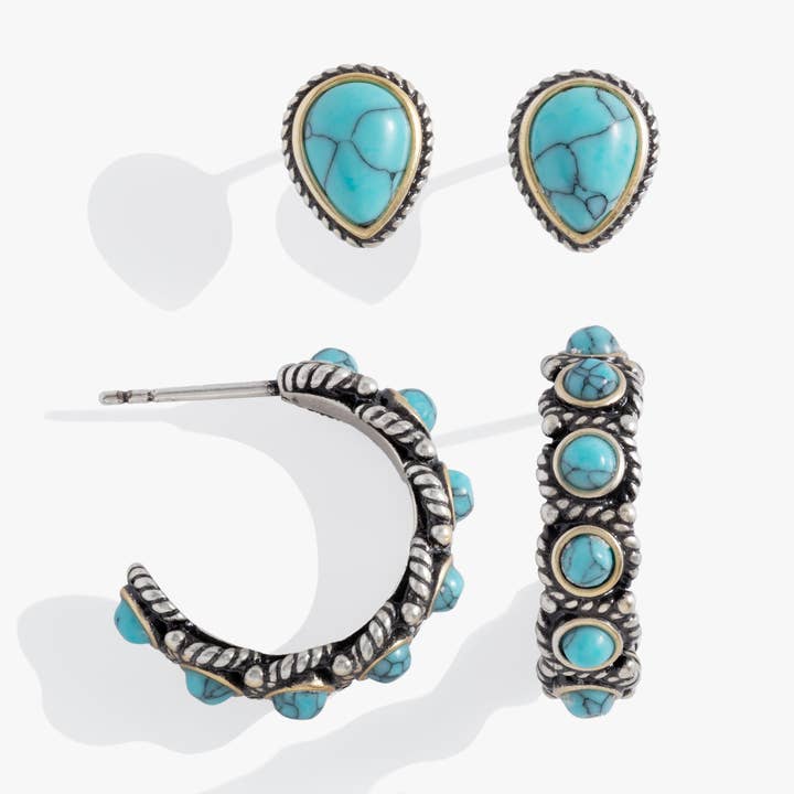 Ensemble de Clous et Créoles Turquoise pour la vente par Alex and Ani