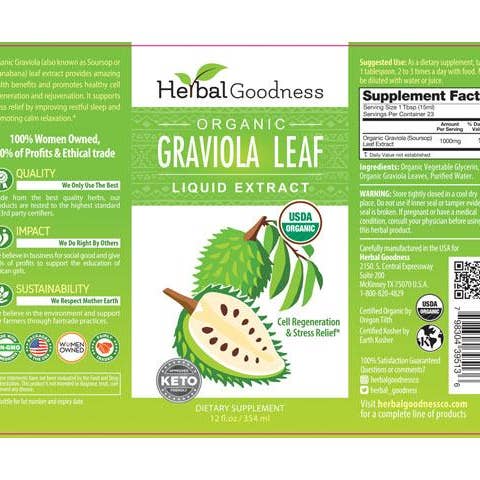 Herbal Goodness – wholesale Oralt tillskott/Vitamin – Graviola (Soursop) Leaf Extract - Ekologisk - Flytande 12oz - 15X styrka - hälsosam cellfunktion, immunitet och avkoppling - växtbaserad godhet