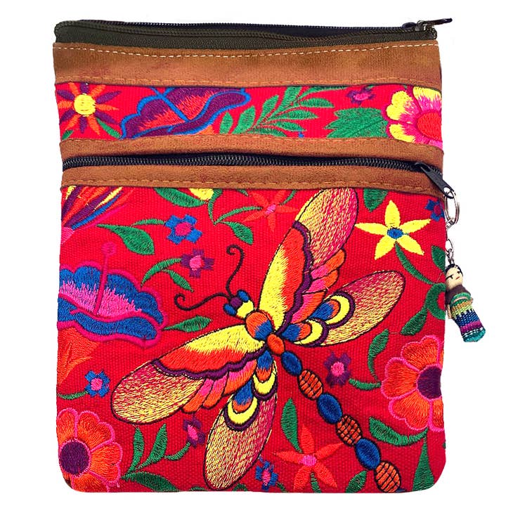 Pichincha - Wholesale Crossbody Bag - Women's - Embroidered Dragonfly Leather Crossbody Purse Passport Bag