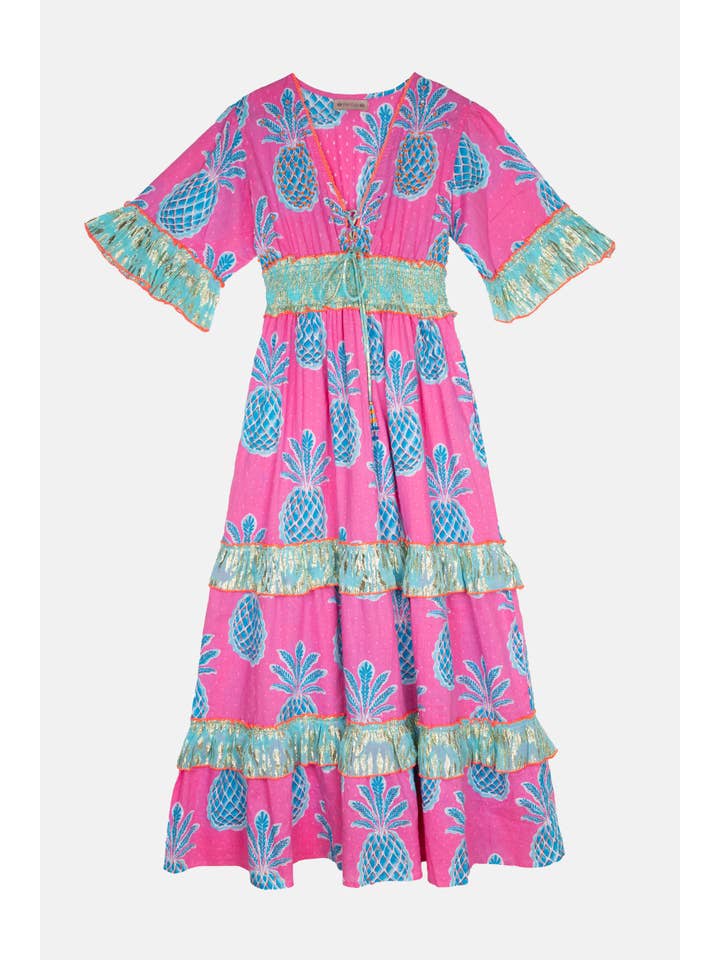 Piti Cuiti - Wholesale Dress - Women's - PINK PINEAPPLE LONG DRESS WITH LONG SLEEVES