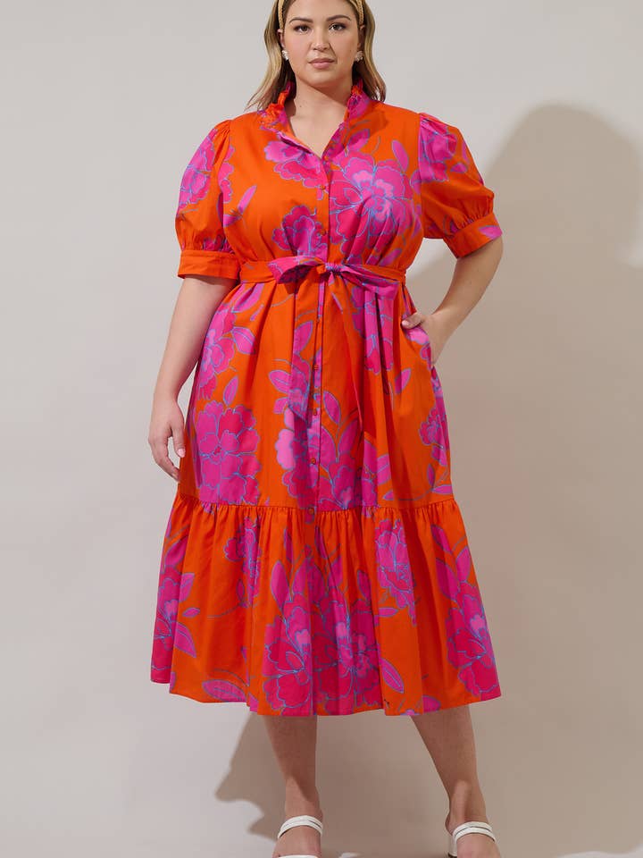 Nalani Floral Giles Button Up Midi Dress Curve for wholesale by Sugarlips