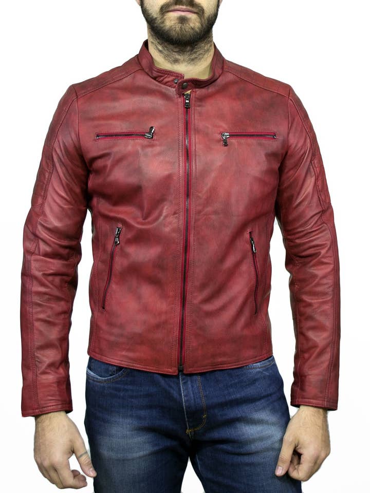 U05 - Veste pour homme en cuir bordeaux vieilli véritable pour la vente par Michelangelo srls