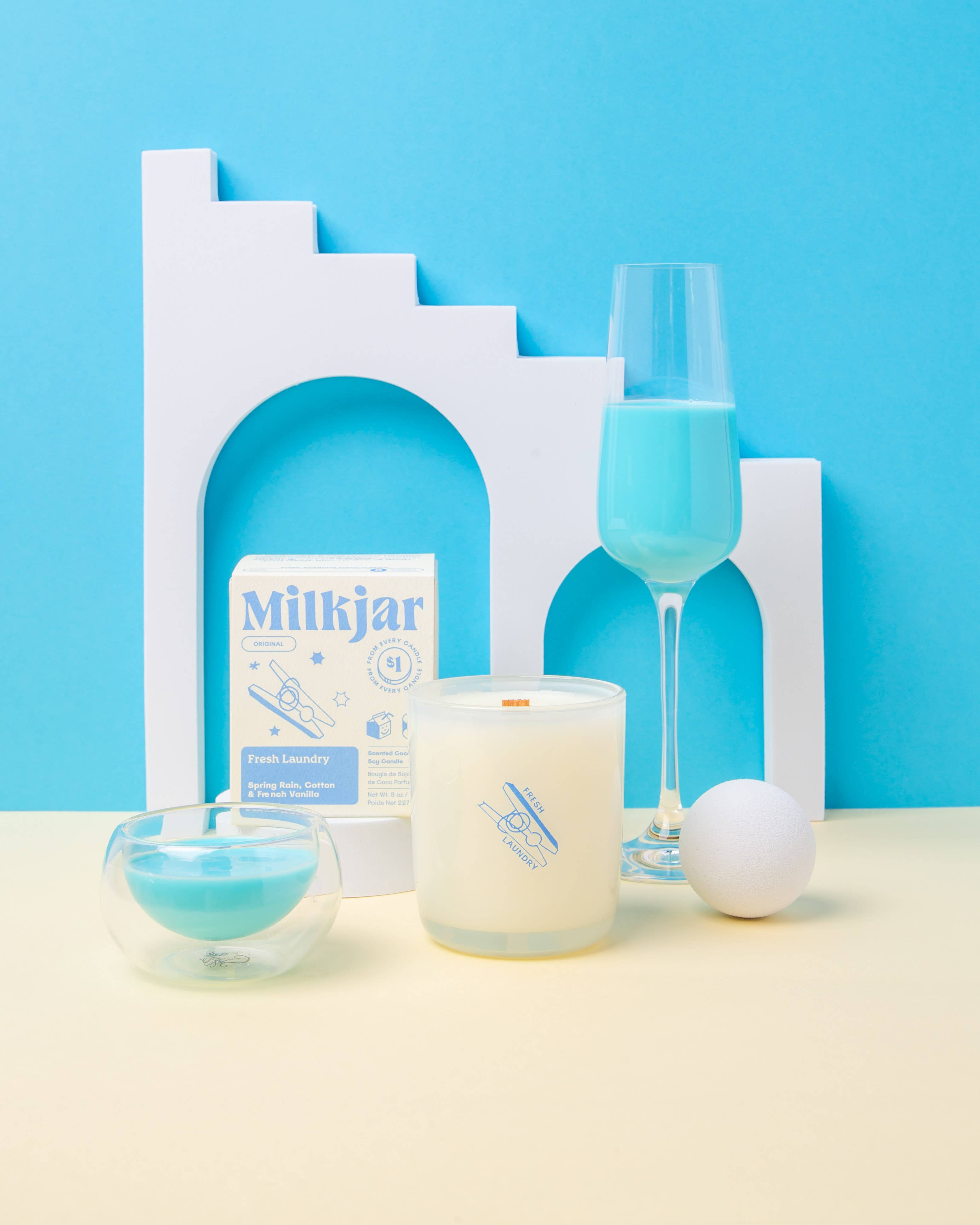 Milk Jar Candle Co. – Engroshandel Glaslys – Fresh Laundry Duftlys med regn, bomuld og vanilje, kokossoja 8 oz1