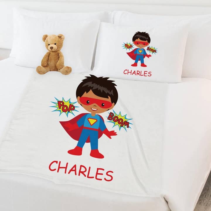 Personalized Character Superhero Pillowcase and Kids Blanket Set for wholesale by Monogramonline Inc.