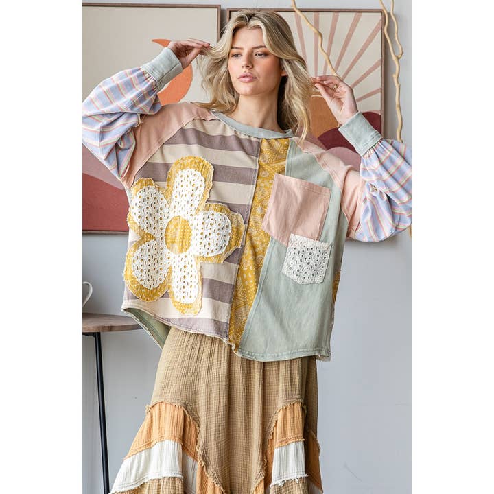 PINK COMBO DAISY PATCHWORK OVERSIZE LONG SLEEVE PULLOVER TOP for wholesale on Faire