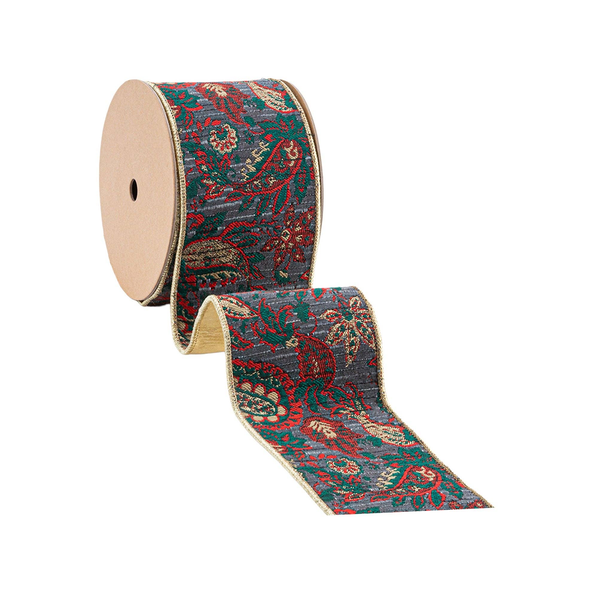 LA Ribbons Wholesale – Großhandel Band – Geschenke verpacken – 10-Yard-Rolle 4" Draht-Jacquardband | Burgunder Damast Paisley mit goldener Dupioni-unterfütterung2