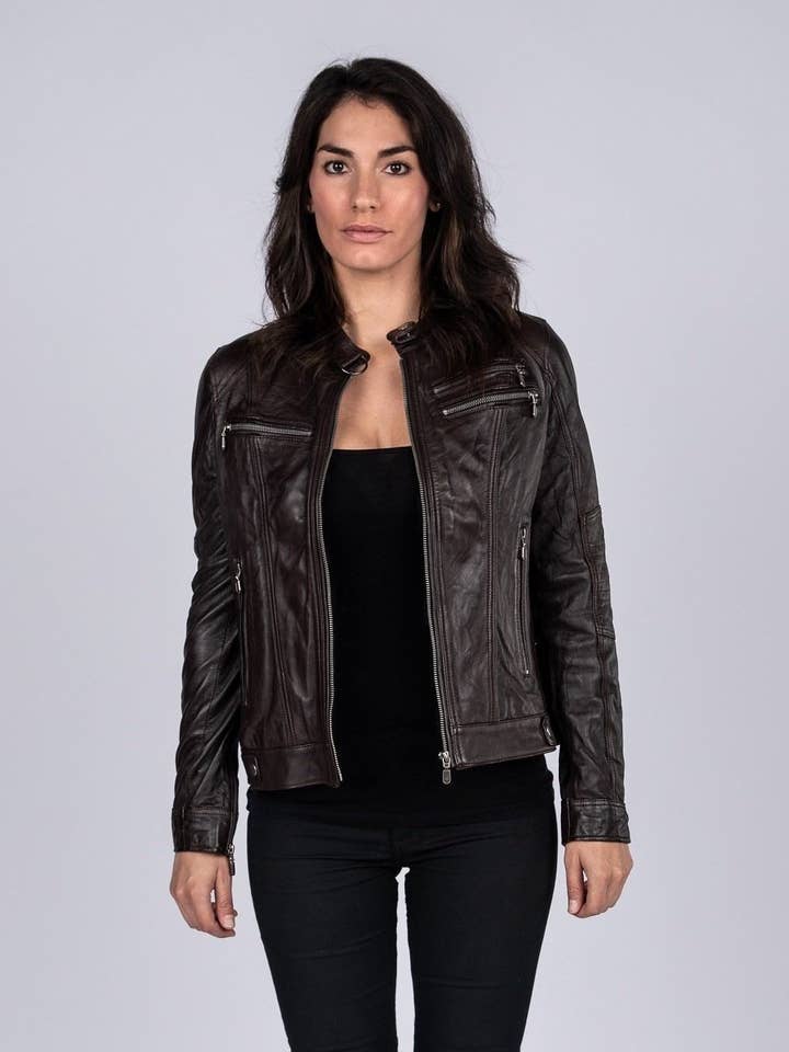 Chaqueta de piel lavada Elektra para mujer, color marrón para venta al por mayor de Fadcloset