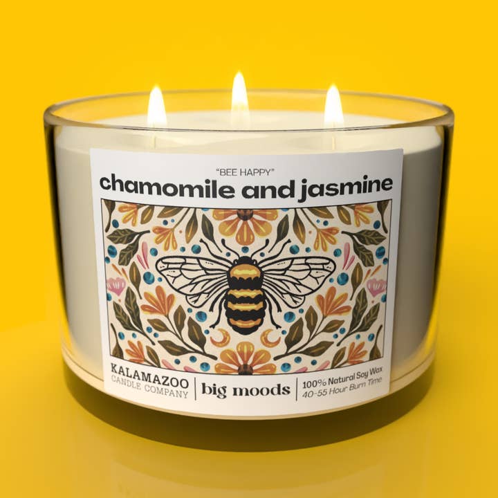 "Bee Happy" 3-Wick Soy Candle - Chamomile and Jasmine - 14oz for wholesale by Big Moods