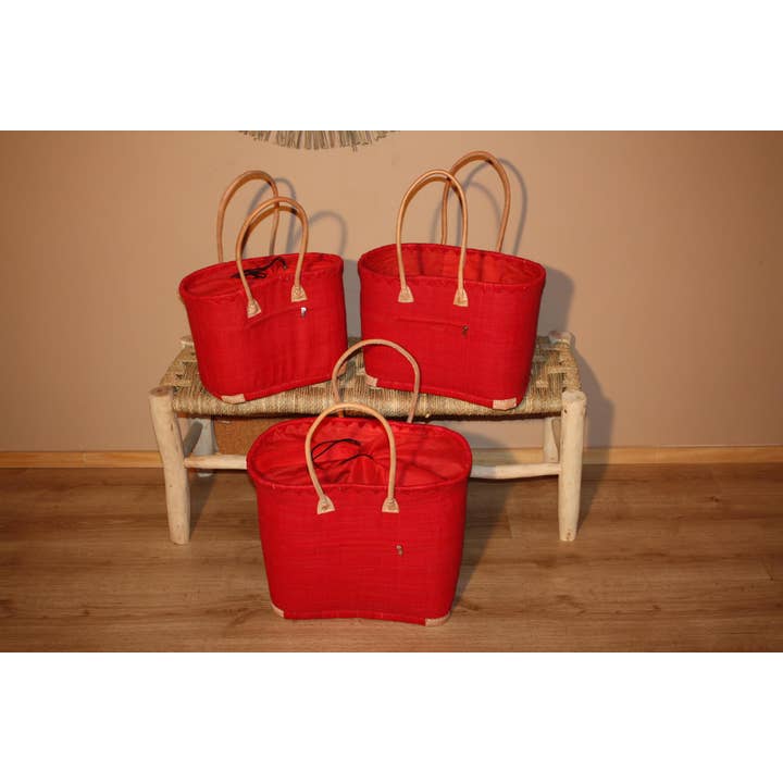 Rabane Red Lined Basket + Zipped Pocket - Long Handled Tote Bag - 3 SIZES - Markets, shopping, beach... for wholesale by Boutique Huléti
