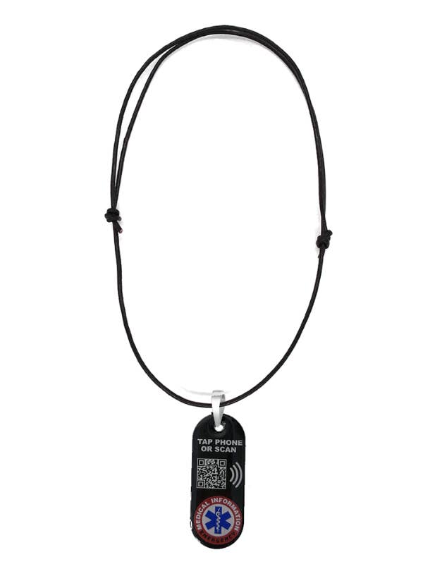 Black Smart NFC Emergency Medical Information Necklace With Passive Tracking for wholesale by Tap and Share