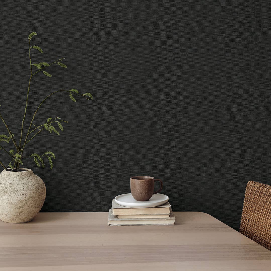 Horizontal Faux Grasscloth Black P&S Wallpaper, 28 sq. ft. for wholesale on Faire1