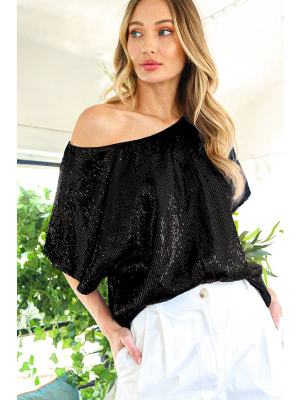 Vine & Love - Wholesale Blouse - Women's - Boat Neck Dolman Sleeves Sequin Blouse Top VT8124916
