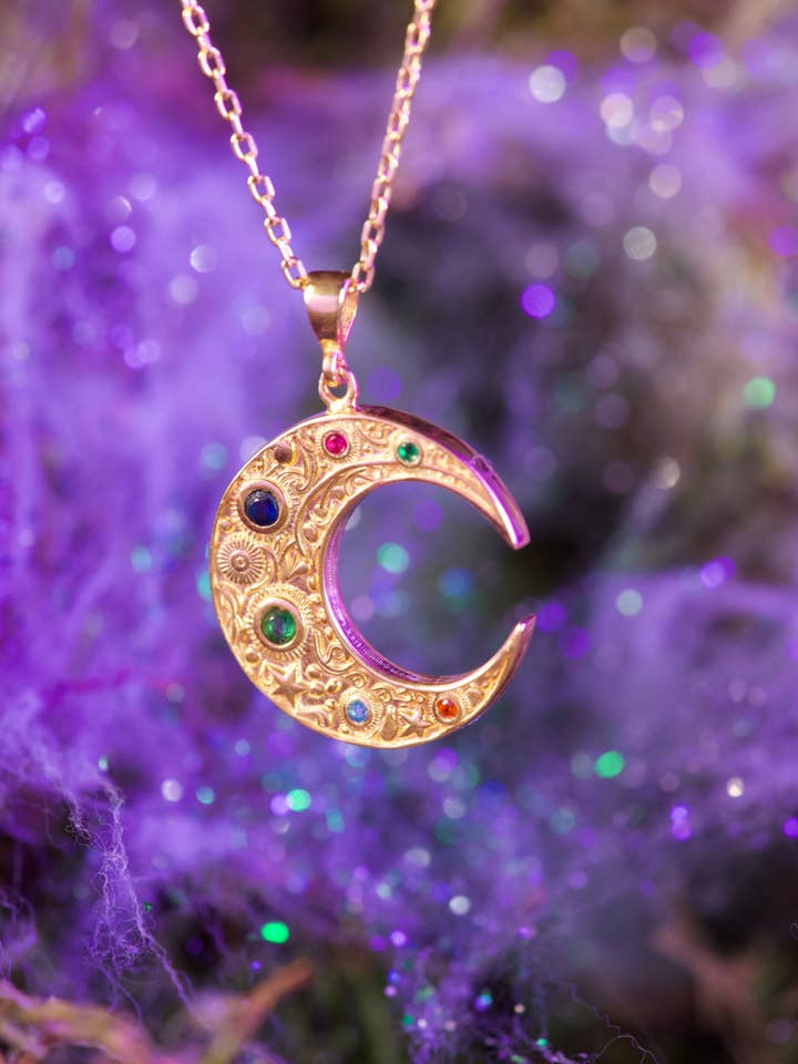 MOON Phase Necklace - Multicolored CZ Stones for wholesale by Flesh & Soul