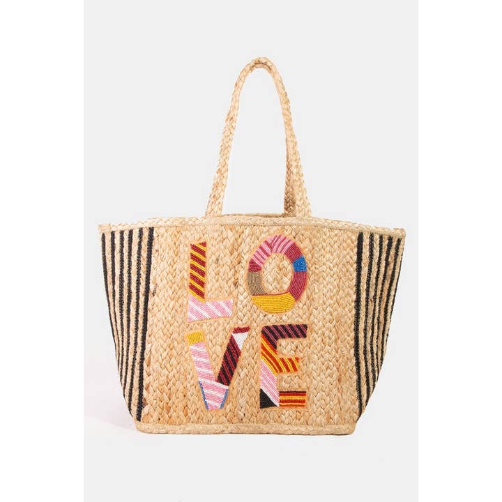 MULTI Vibrant Seed Beaded Love Jute Tote Bag for wholesale on Faire