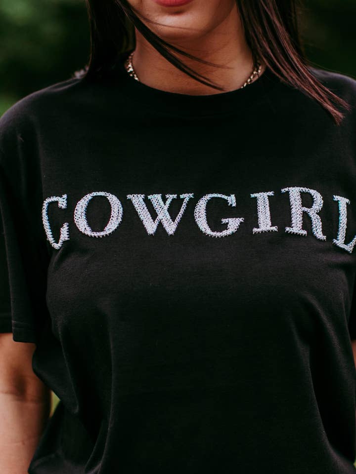 MK406 Cowgirl Sequins engraved white 3D embroidery Tee for wholesale by GoldenU