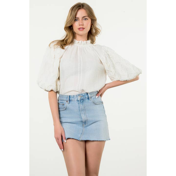 Textured Balloon Sleeve Frill Neck Top for wholesale by THML