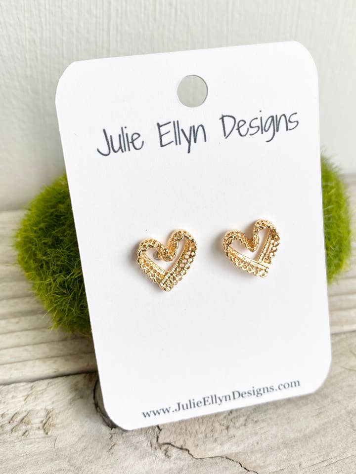 Gold Open Filigree Heart Stud Earrings for wholesale by Julie Ellyn Designs