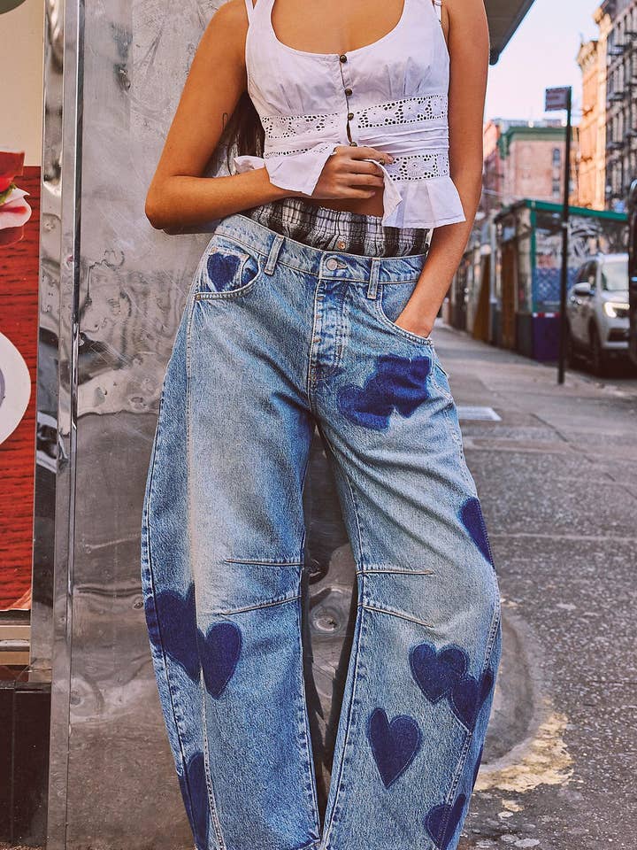 Hearts Vintage Heart Pattern Loose Denim Wide Leg Pants for wholesale on Faire