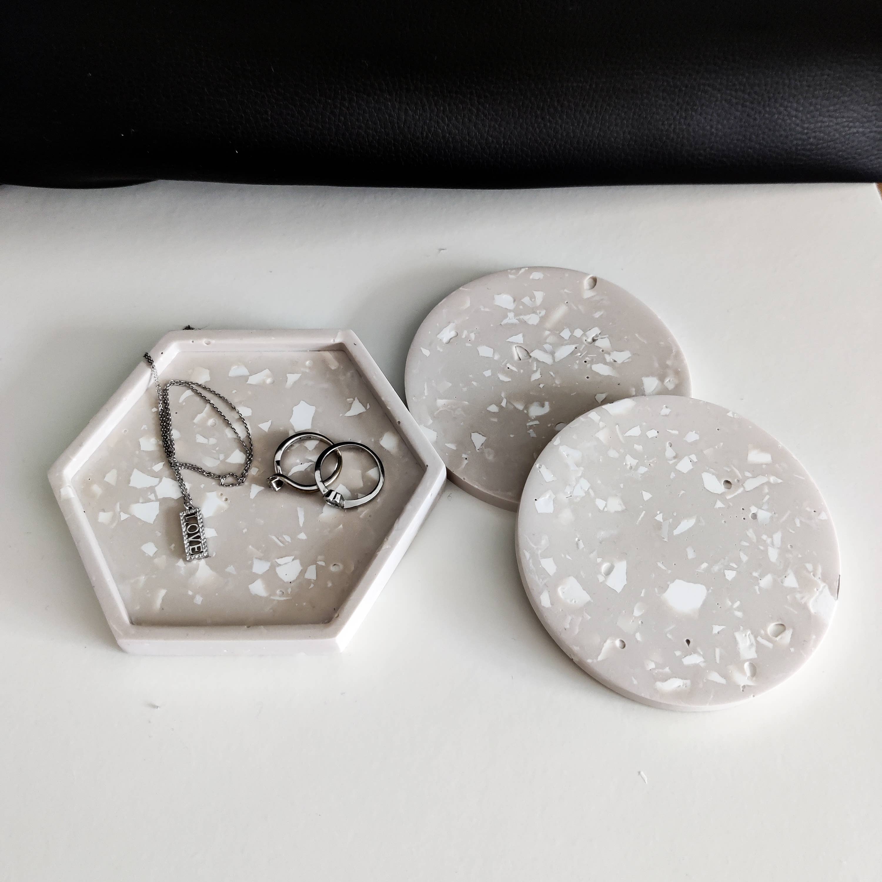 The Sage Rose Studio – wholesale Jewellery dish – Handmade Beige terrazzo jewellery dish, hexagonal coaster2