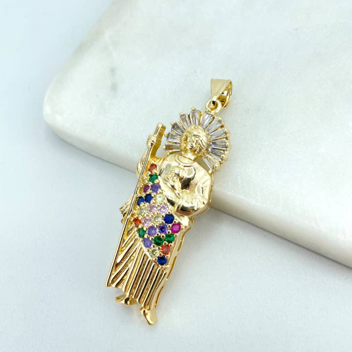 Luxus Accessories - Wholesale Individual Charm/Pendant - 18k Gold Filled Religious Pendant Clear Baguette & Multicolor Micro CZ Saint Jude