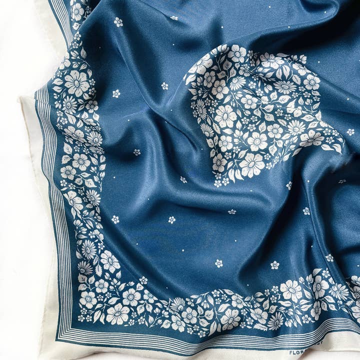 Flora West Design - Wholesale Bandana – Women's - 100% Silk Bandana Scarf -Santorini Floral China Blue Western6