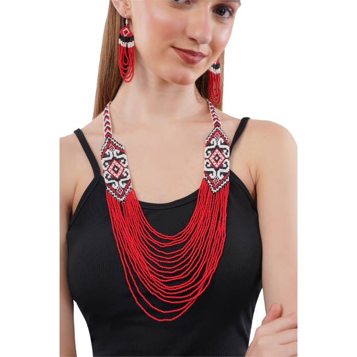 House of Kraft - Wholesale Jewelry Set - White Pattern Jewelry Set | Beaded Jewelry | Red Jewelry