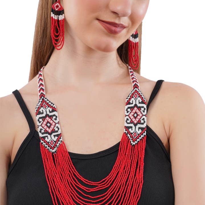 White Pattern Jewelry Set | Beaded Jewelry | Red Jewelry for wholesale by House of Kraft Jewelry & Accessories