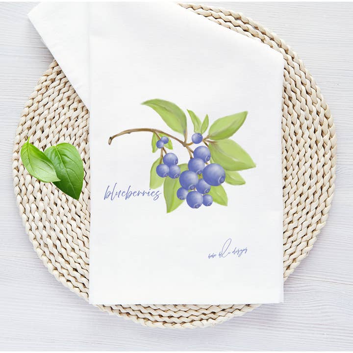 Blueberries Flour Sack Tea Towel, Kitchen Decor for wholesale by Bebe Blu Designs, LLC