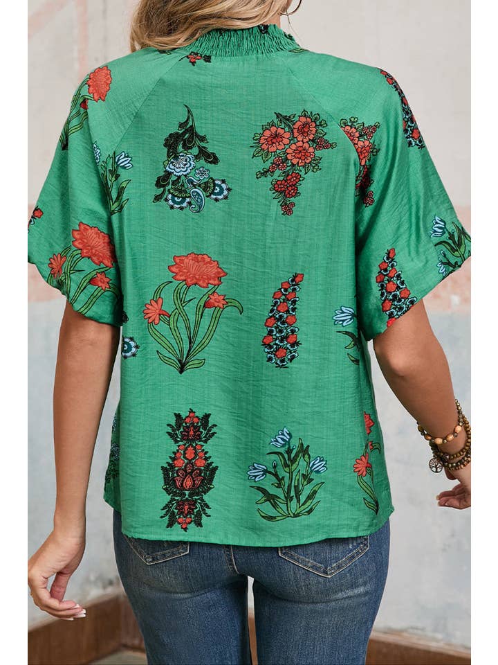Bright Green Floral Buttoned V-Neck Summer Blouse for wholesale on Faire
