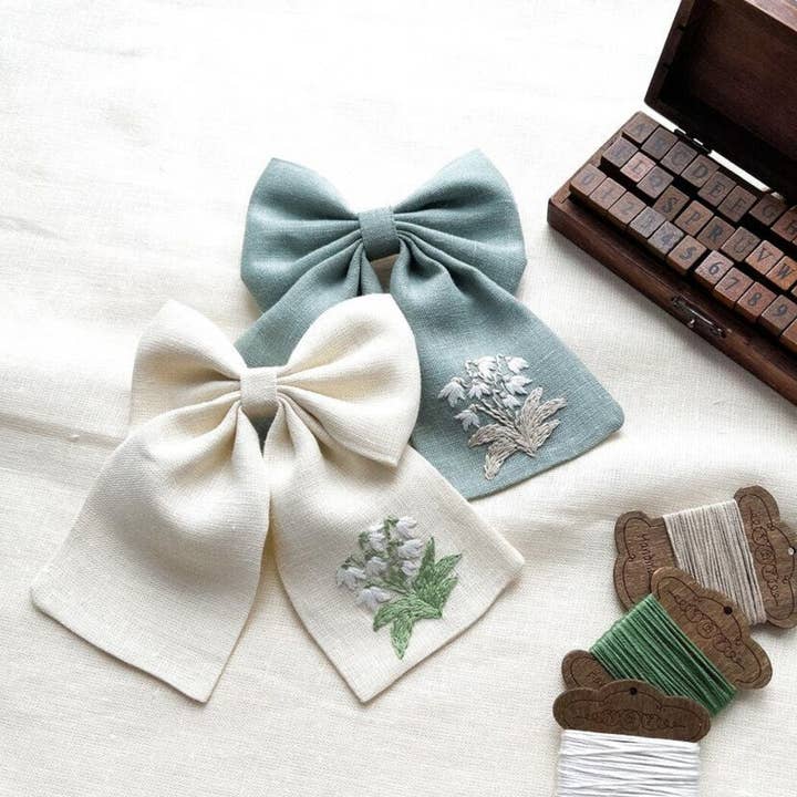 Embroidery Floral Hair Bow Elastic Tie And Hair Bow Clip for wholesale by EmbroideryNTA