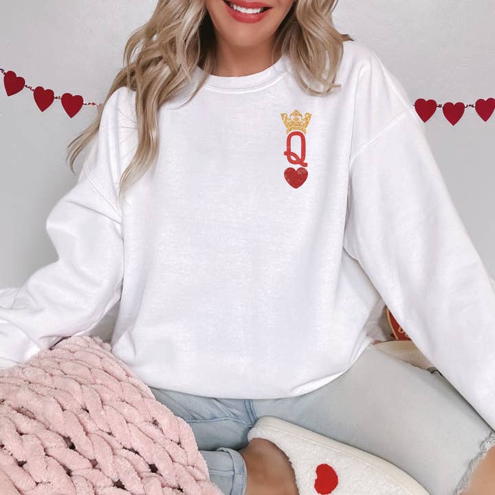Distressed Queen Of Hearts Pocket Logo Crew Sweatshirt for wholesale by Peach Closet