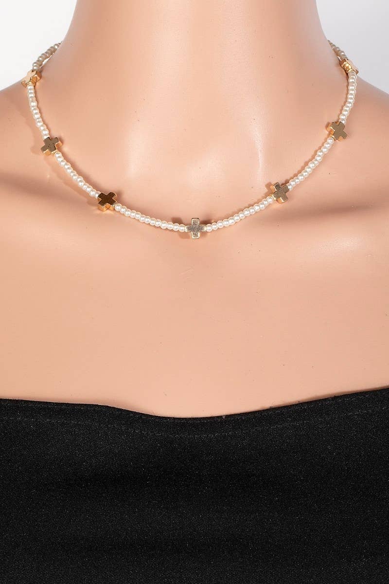 GD Metallic Cross Charms Pearl Beaded Necklace for wholesale on Faire2
