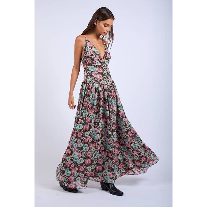 BROWN FLORAL PLUNGING NECK OPEN BACK MAXI DRESS for wholesale by Sky to Moon