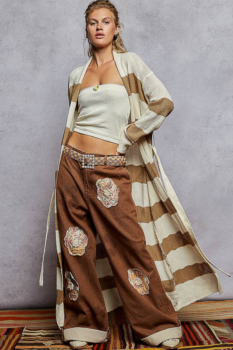 CRÈME/MOKA Veste cardigan maxi à manches longues avec détail de rayures contrastées en vente sur Faire1